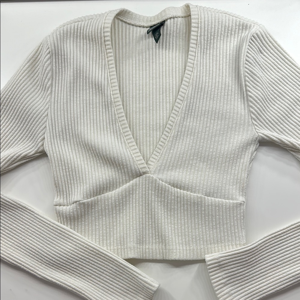 White Ribbed V-Neck Sweater